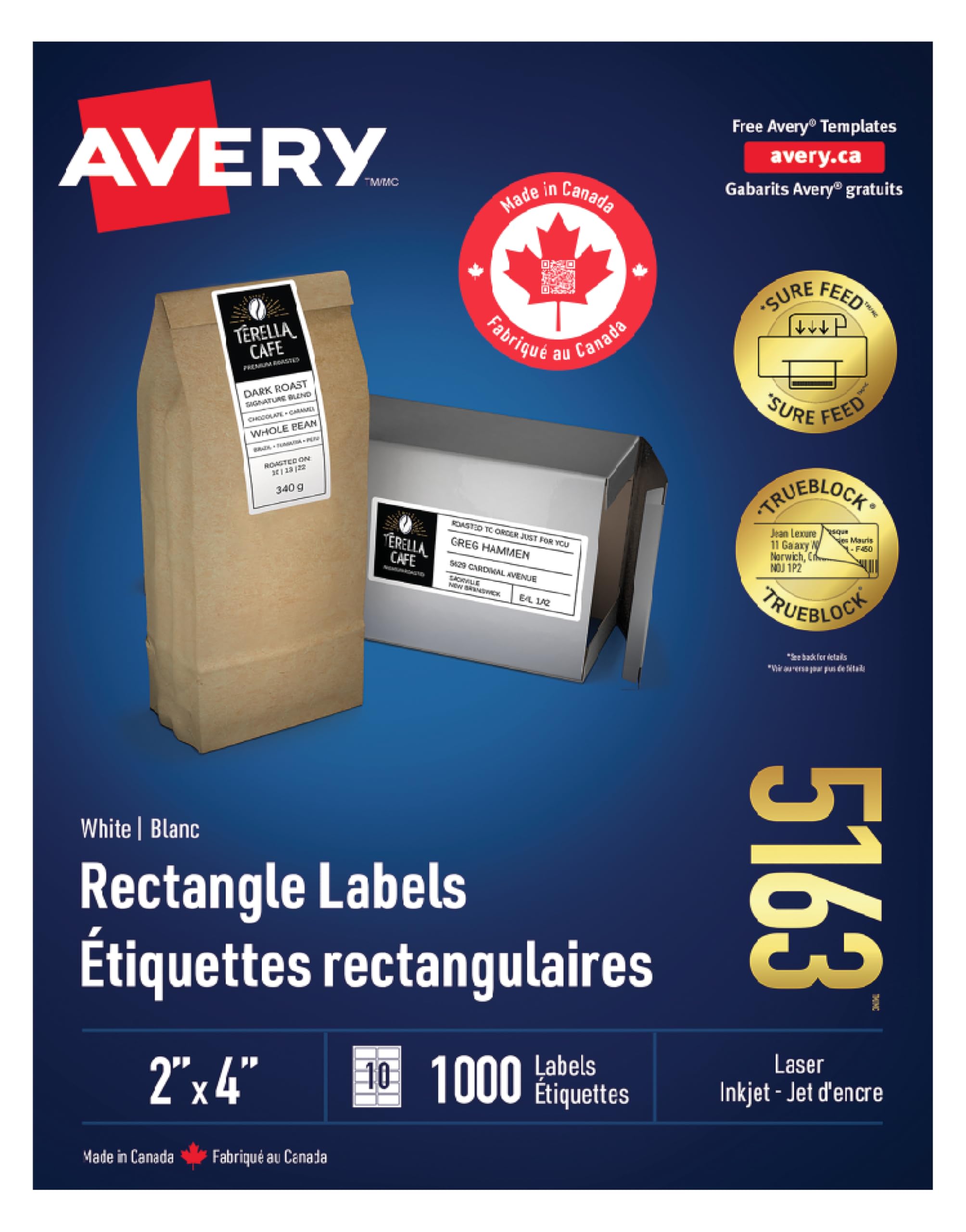 Avery TrueBlock Shipping Labels for Inkjet/Laser Printers, 2" x 4", White, Recta