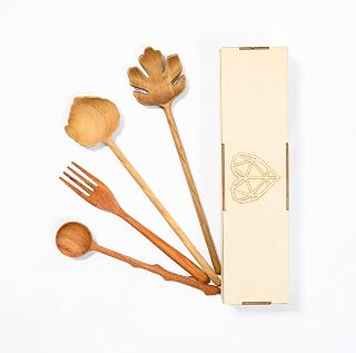 JABIHOME 4 Wooden Spoons and Forks Set, Thanksgiving Gifts for Women | 4pcs, Solid Wood, Beautiful Handcrafted, Ready-Gift Box