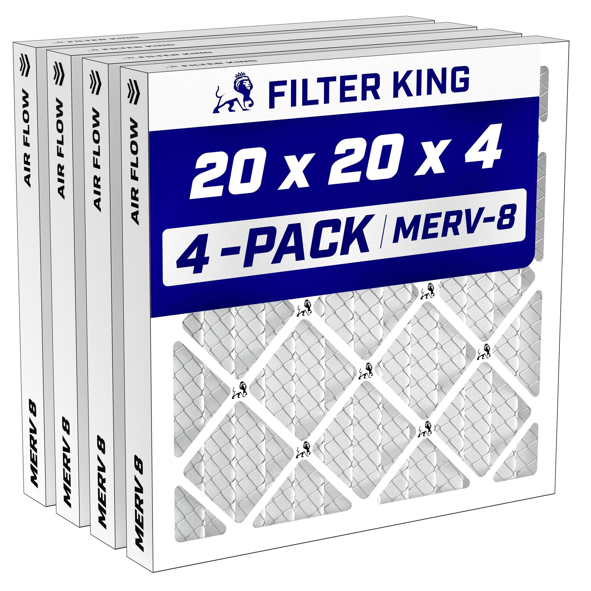 Filter King 20x20x4 Air Filter MERV 8, AC Furnace Filters (4-Pack) | Dust & Alle