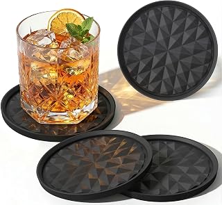 Wingcases Silicone Drink Coasters Set of 4, Coaster for Desk | Prevents Condensation&Spills, Non-Slip, Reusable&Easy Clean, Diamond Pattern, Stylish Office&Home Decor, Gift idea, Black