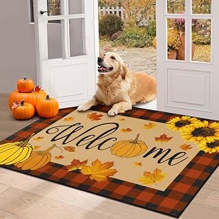HEBE Fall Front Door Mat 32"x48", Non Slip Pumpkin Welcome Doormat | Buffalo Plaid Washable Entrance Mats, Low Profile Entryway Rug for Indoor Outdoor Autumn Harvest Thanksgiving Farmhouse Decor