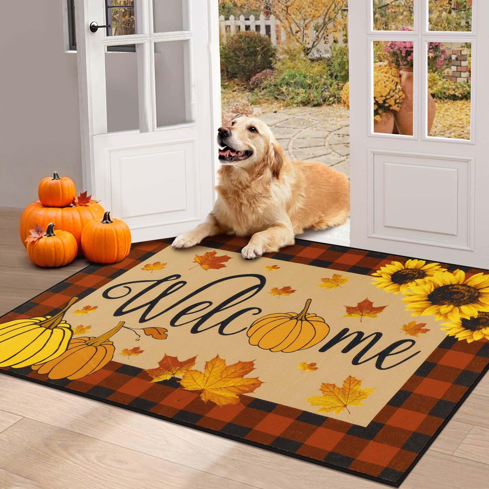 HEBE Fall Front Door Mat 32"x48", Non Slip Pumpkin Welcome Doormat | Buffalo Pla