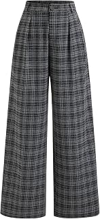 CIDER Plaid Wide Leg Pants for Women with Pockets Mid Waist Checkered Pants Business Casual Trousers Trendy