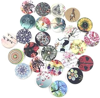 50pcs 25mm Round Wooden Buttons 2 Holes Floral Painting Buttons Random Mixed for DIY Crafts Sewing Decoration
