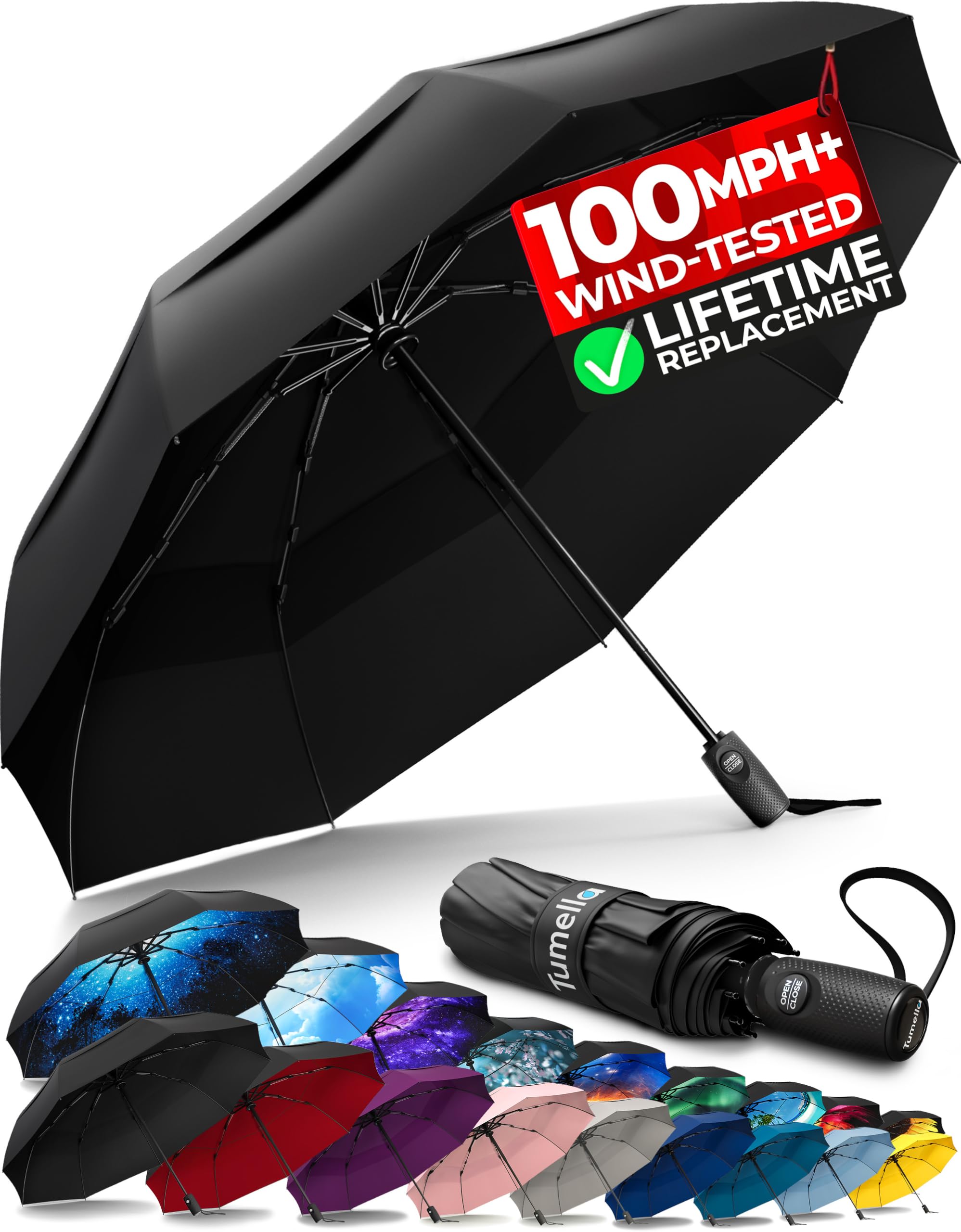 TUMELLA Strongest Windproof Travel Umbrella (Compact, 100MPH Wind-Tested), Light