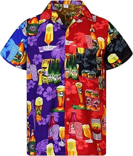 V.H.O. Funky Hawaii-Hemd Herren Kurzarm Front-Tasche Standard-Fit Bier-Flaschen Party Palmen Unisex