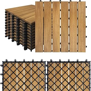 SAILUN 11 Pack Acacia Wood Interlocking Deck Tiles 30x30cm, 1㎡ Wooden Decking Tiles with Click System, Outdoor Floor Tiles for Garden, Patio, Balcony & Terrace (Type A)