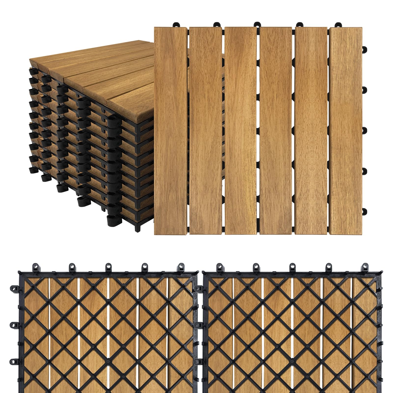 SAILUN 11 Pack Acacia Wood Interlocking Deck Tiles 30x30cm, 1㎡ Wooden Decking Ti