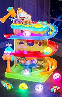 2-in-1 Ball Drop & Car Ramp Race Track Montessori Toy for Toddlers Ages 1-5 | Hammer Rolling Ball, Launch and Race Car-Cause and Effect Sensory STEM Learning Toys for 1-5 Year Old Boys & Girls
