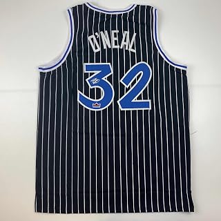 Facsimile Autographed Shaquille Shaq O'Neal Orlando Black Pinstripe Reprint Laser Auto Basketball Jersey Size Men's XL