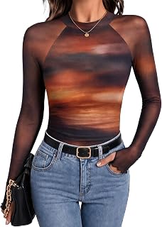 Zeagoo Long Sleeve Shirts for Women Floral Mesh Sheer Top Mock Neck Double Lined Fitted Going Out Blouses