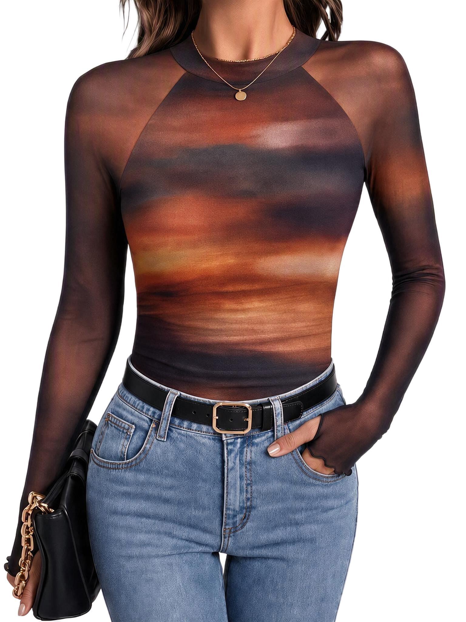 Zeagoo Long Sleeve Shirts for Women Floral Mesh Sheer Top Mock Neck Double Lined
