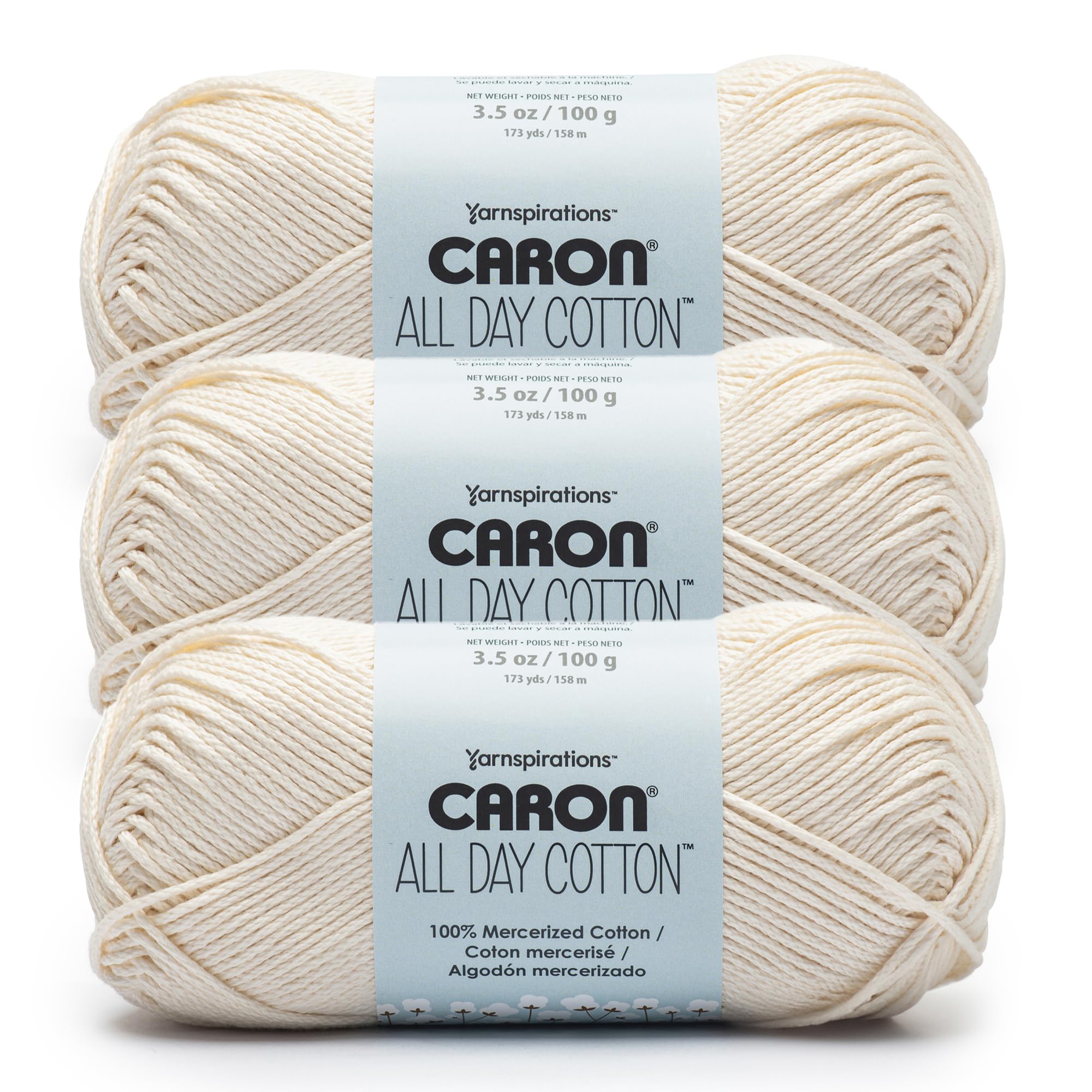 Caron All Day Cotton Yarn for Crocheting, Cream, 3-Pack | #4 Worsted Yarn, 100% 
