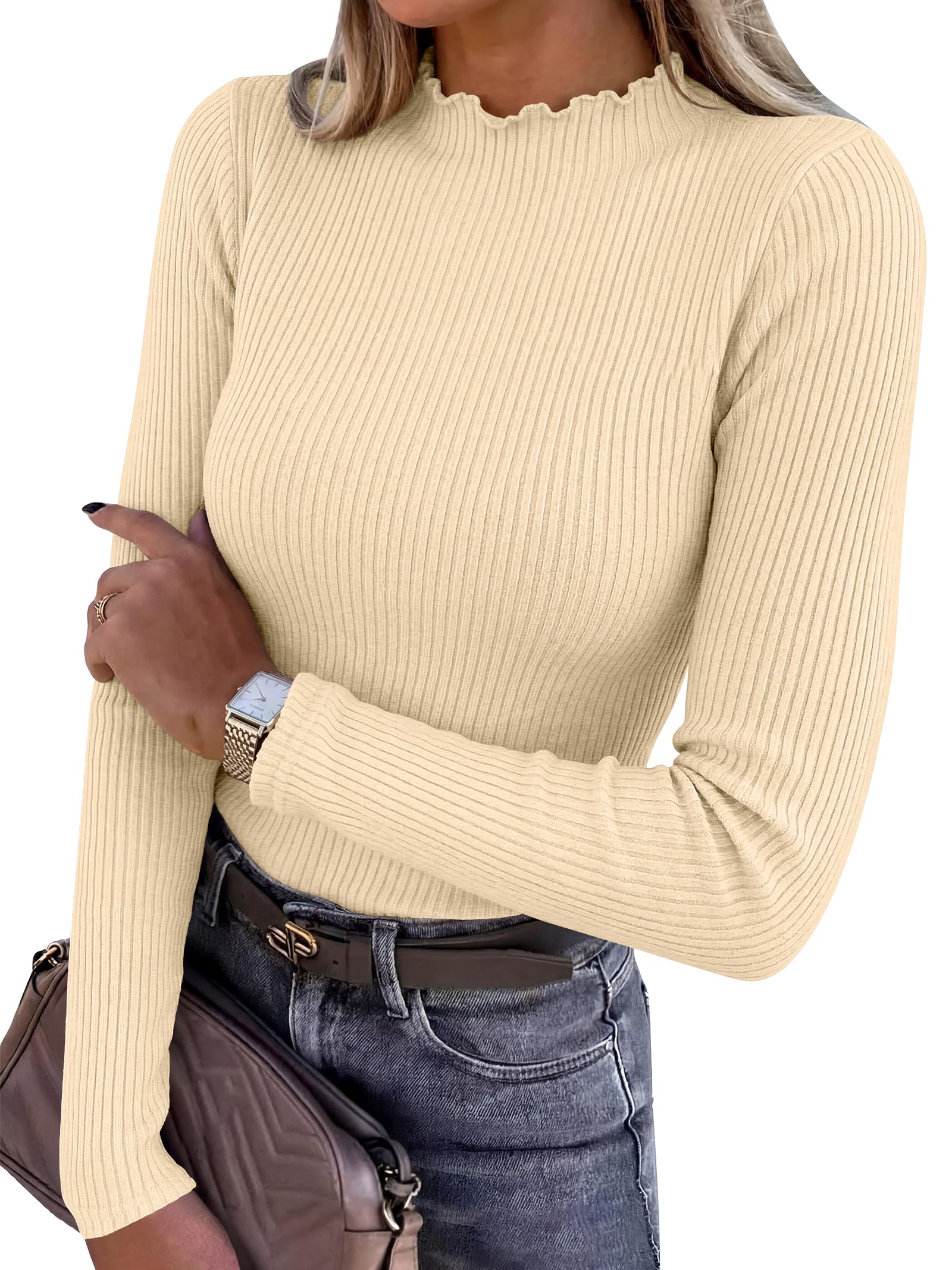 ANRABESS Long Sleeve Shirts for Women Mock Neck Ribbed Slim Fit Fall Tops