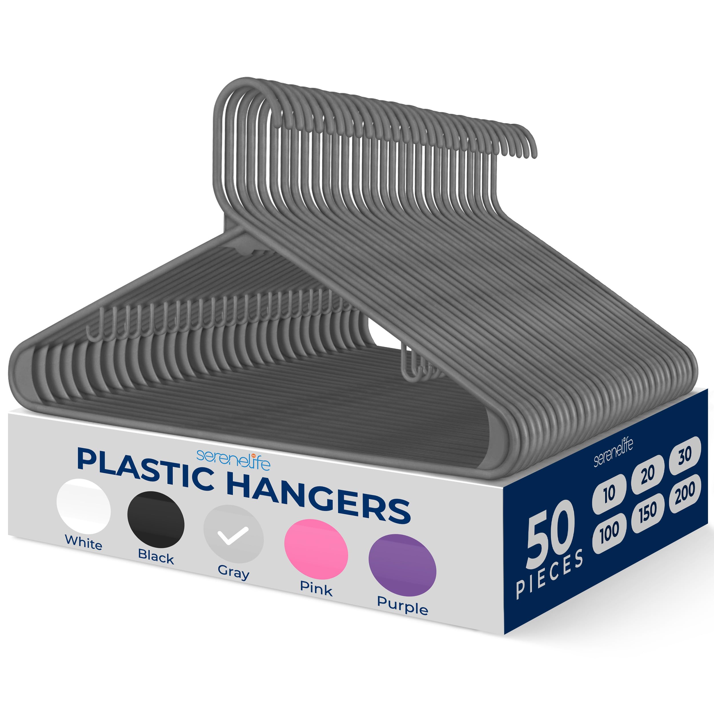 SereneLife 50 Pack Plastic Hangers | Organize Shirts, Dresses, Coats & Pants wit