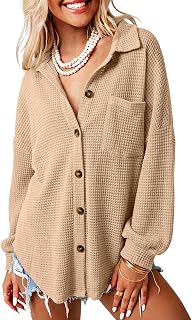 Dokotoo Womens Waffle Knit Shacket Jacket Casual Button Down Shirts Tops
