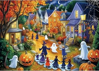 Halloween 1000 Piece Puzzle for Adults Jigsaw Puzzle Spooky Trick-or-Treat Scene with Pumpkins Ghosts & Haunted Houses Autumn Challenging Fun Family Game Night Puzzle with Poster（27"x20"）