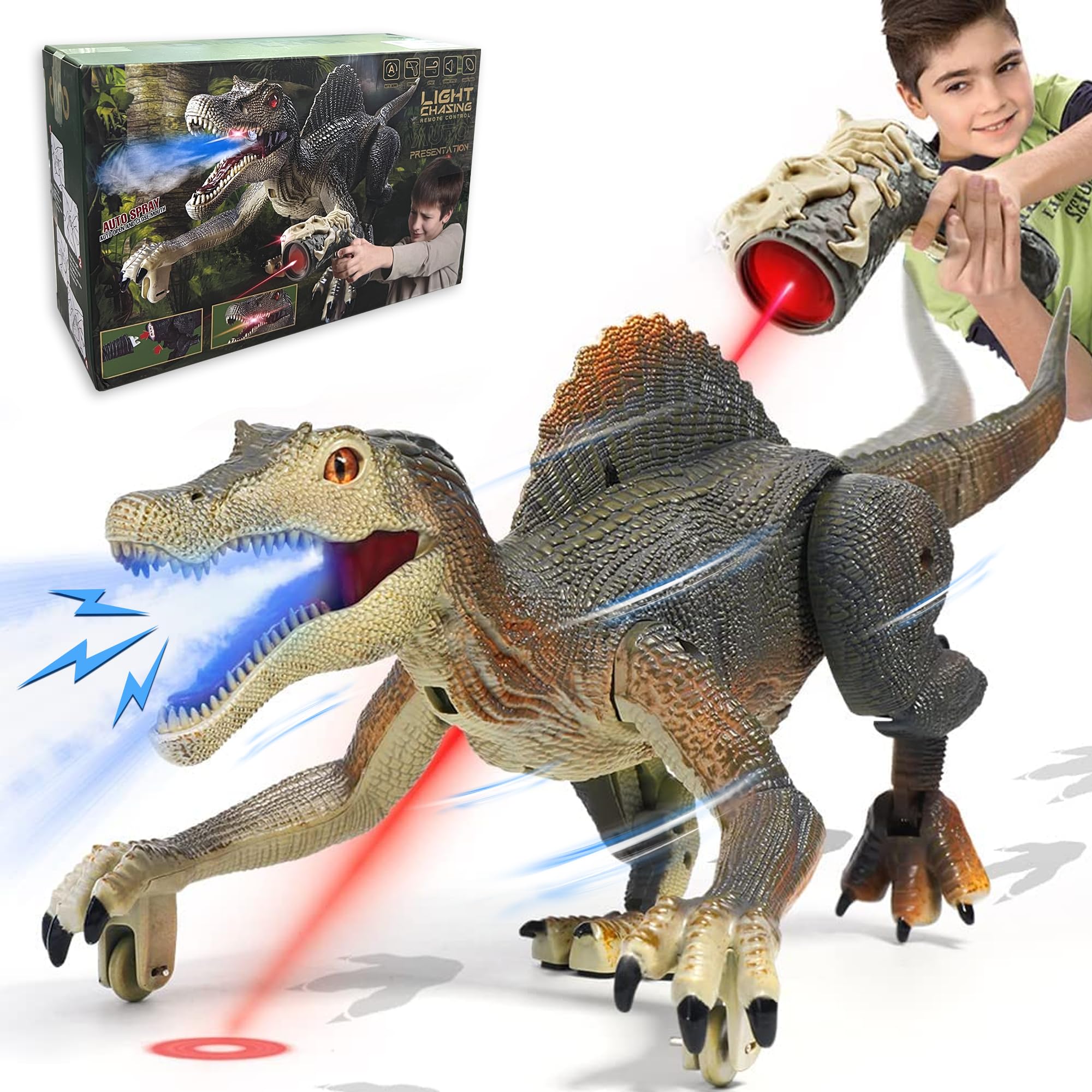 Dinosaurs Toys for Kids, Remote Control Spinosaurus with Indicator Light Chasing