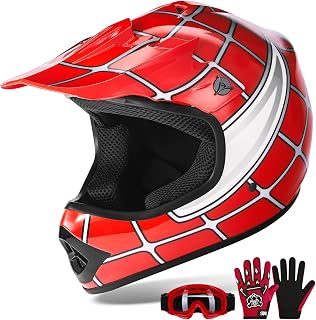XFMT Youth Dirt Bike Helmet DOT Approved Kids Full Face Motocross Helmets | Motorcycle Riding Gear included Goggles &amp; Gloves, Ultra-Lightweight, For ATV UTV Off-Road, Red Spider Medium