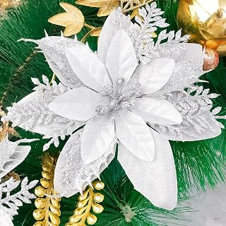 5 Pack Artificial Poinsettia Flowers Glitter Fabric Christmas Tree Ornaments for Christmas Tree Home Decor (Silver, 5.5 inch)