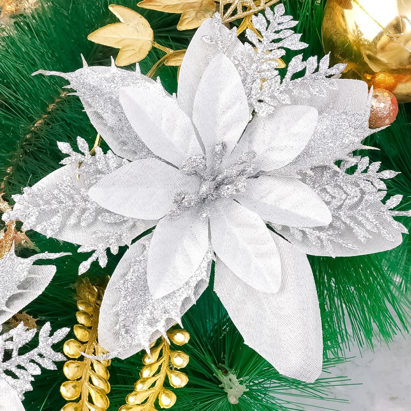 5 Pack Artificial Poinsettia Flowers Glitter Fabric Christmas Tree Ornaments for