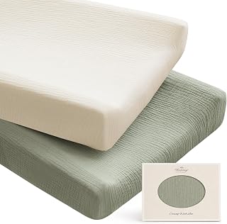 Konssy 100% Cotton Muslin Changing Pad Cover 2 Pack, 32"x16" Standard Fit | Ultra Soft &amp; Breathable, Diaper Changing Table Sheets, Neutral Nursery Design, for Baby Boys Girls (Fog Green,Cream)