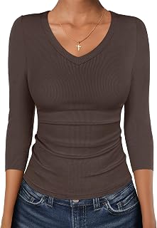 ANRABESS 3/4 Sleeve Shirts for Women V Neck Ribbed Knit Slim Fitted Tops Basic Tshirt 2026 Summer Casual Tees Trendy Outfits