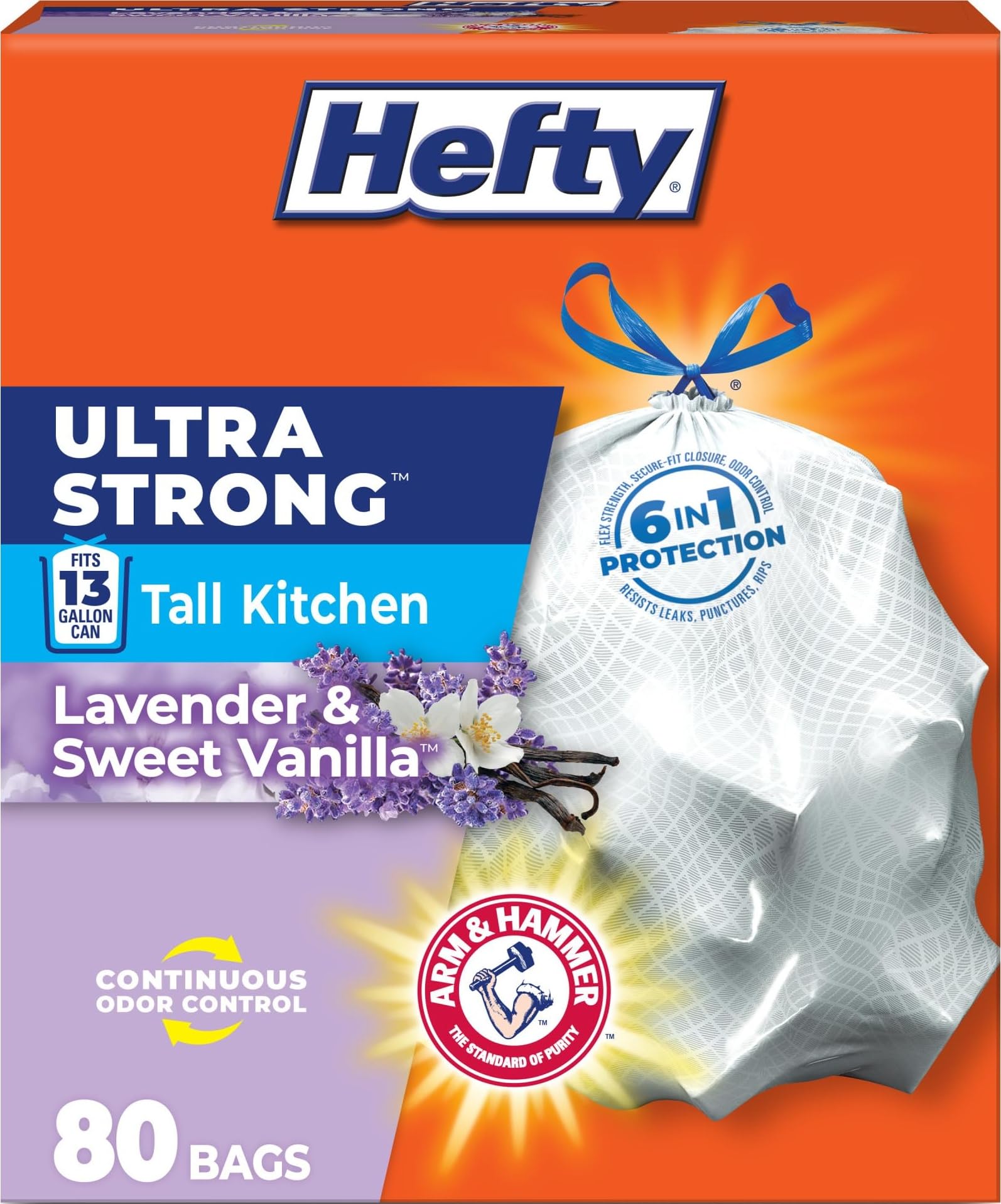 Hefty Ultra Strong 13 Gal Kitchen Trash Bags, White, Lavender Vanilla, 80ct | 13