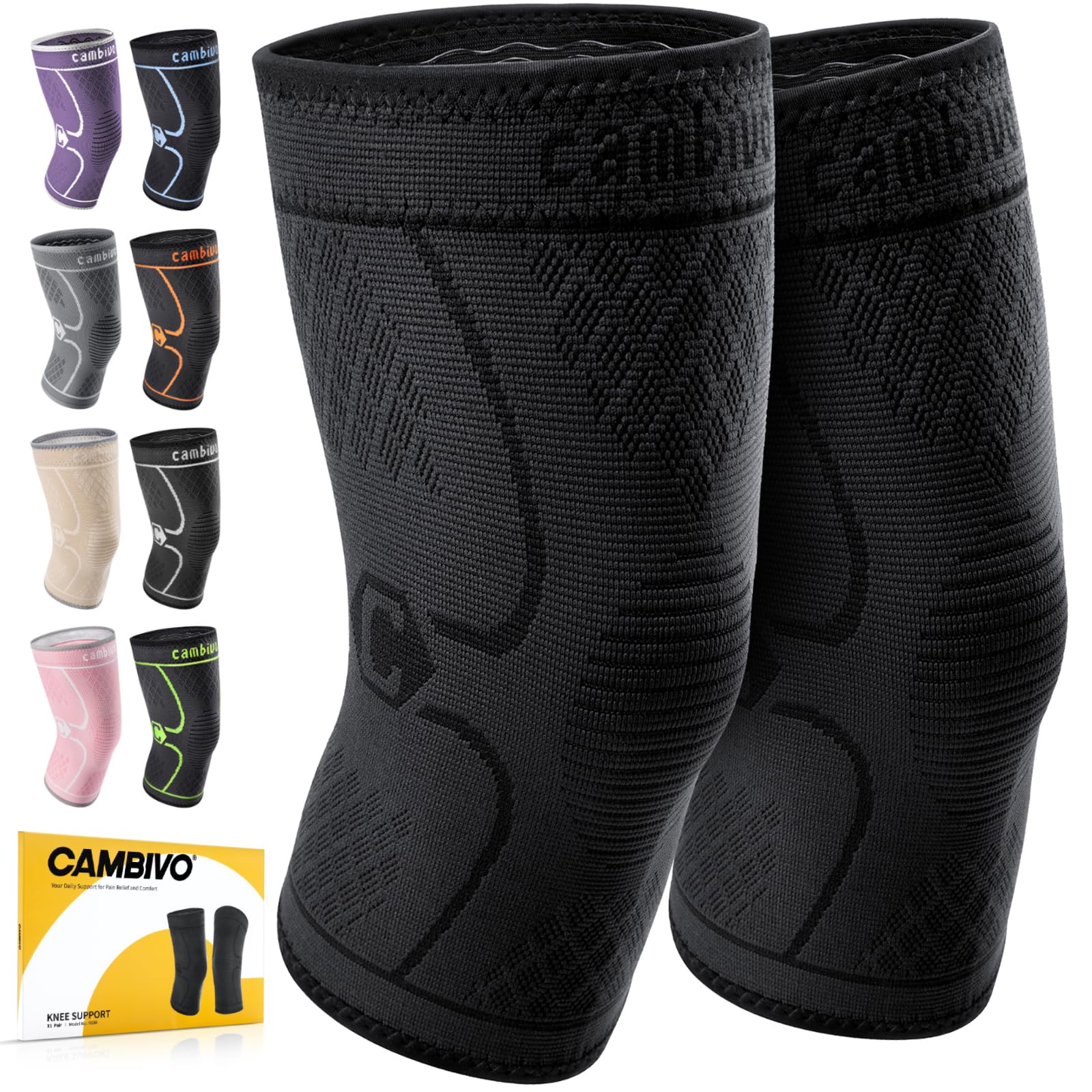 CAMBIVO 2 Pack Knee Braces for Women & Men, Knee Compression Sleeves for Knee Pa