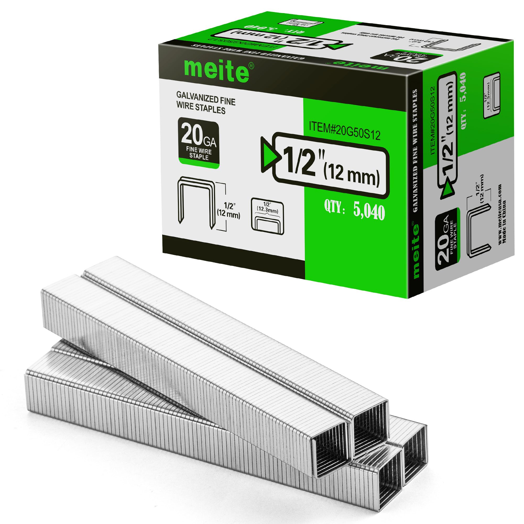 meite 20 Gauge Staples, 1/2" (12.5mm) Crown, 1/2-Inch Length, 5,040 PCS | Galvan
