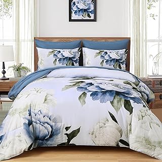 Dobuyly Blue King Size Comforter Set 7 Piece Bed in a Bag King, Blue Floral Printed on Light Blue Comforter Set with Sheets, Soft Microfiber Botanical Complete Bedding Set for All Season