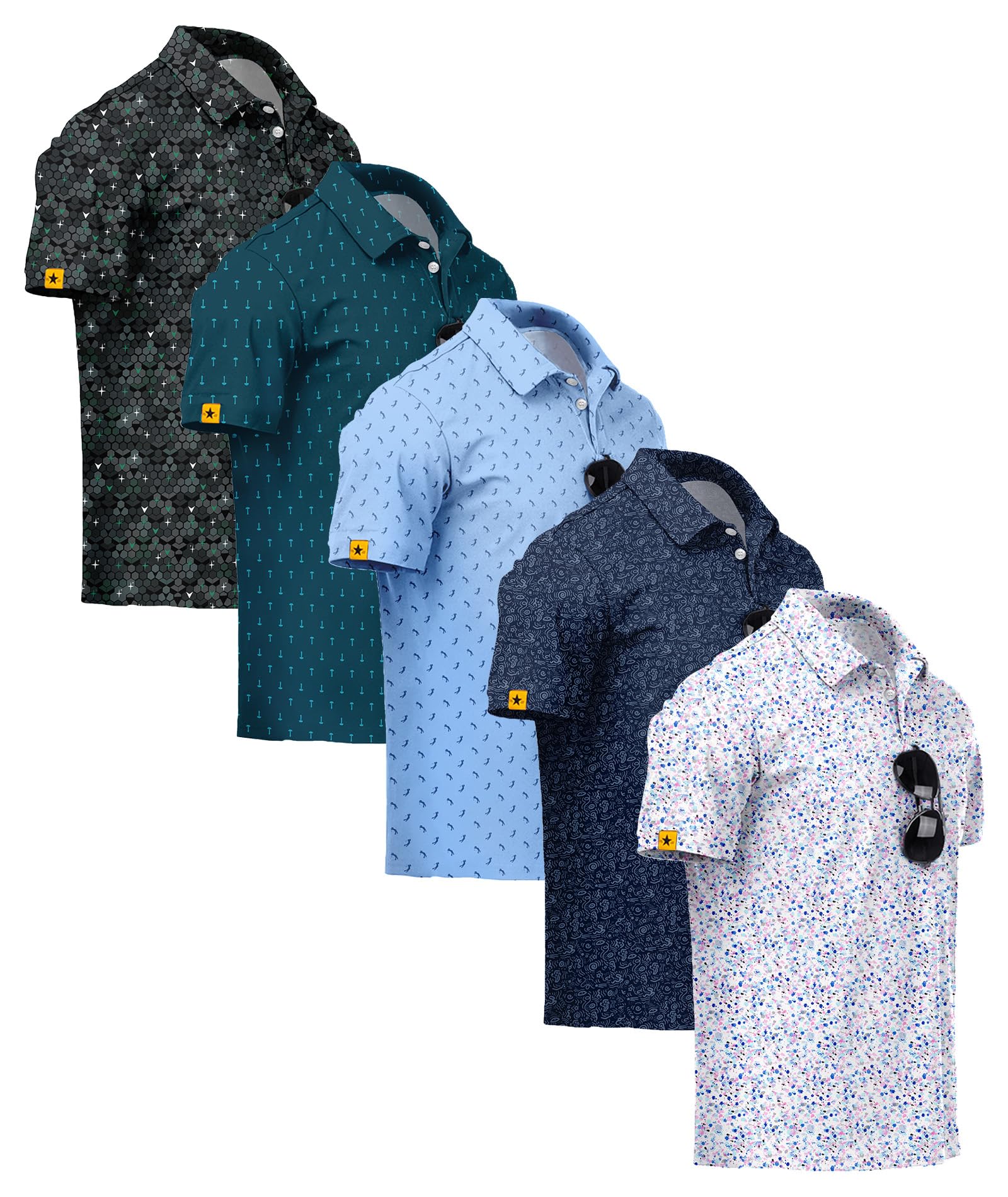 ZITY 5 Pack Mens Golf Shirt Short Sleeve UPF 50+ Print Patterns Casual Polo