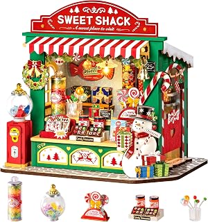 Rolife Christmas Candy Stand DIY Miniature Dollhouse Kit Gift for Adults | 1:28 Scale Tiny House with LED Light, Wooden 3D Puzzle Model Kit, Diorama Craft Set for Home Decor Display