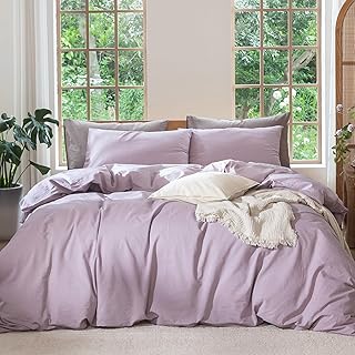 MooMee 100% Cotton Washed Cotton Linen Texture Duvet Cover Set Breathable Durable Soft Comfortable Bedding Set (Light Purple Mottled, Double 90" x 90")