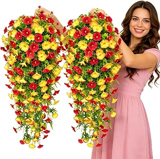 1 x Artificial Flower Outdoor Porch Summer Decoration 5 x Hanging Forks for Planter Decoration 30 Inches (Yellow and Orange)