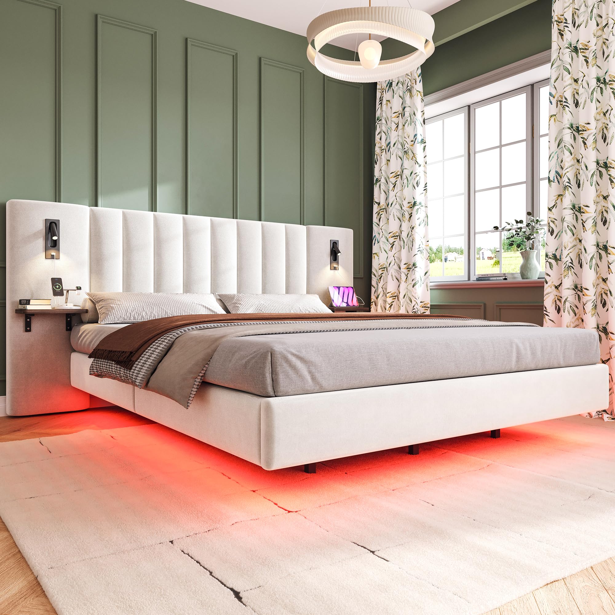 Merax Kingsize bed frame, 5ft King Size Upholstered Bed, 2 bedside reading light