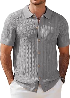 COOFANDY Men's Short Sleeve Knitted Button Collar Twist Polo Shirt for Summer Golf Leisure Casual