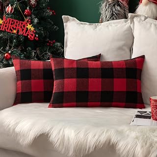 MIULEE Pack of 2 Classic Retro Checkers Plaids Linen Soft Solid Black and Red Christmas Decorative Throw Pillow Covers Home Decor Design Cushion Case for Sofa Bedroom Car 12 x 20 Inch 30 x 50 cm