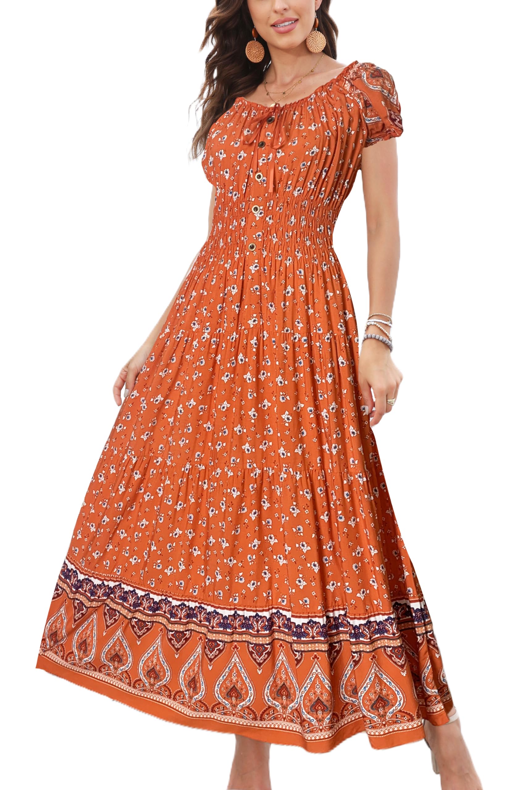 OSTOO Women's 2026 Maxi Dress Short Sleeves Boho Floral Print Tiered Casual Flow
