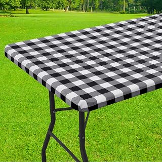 Smiry 6 Foot Picnic Table Cloth, Flannel Backed Fitted Vinyl tablecloths | Waterproof Elastic Rectangle Tablecloth ,Buffalo Plaid Table Covers for Dining,Camping,Halloween(Black and White, 30" x 72")
