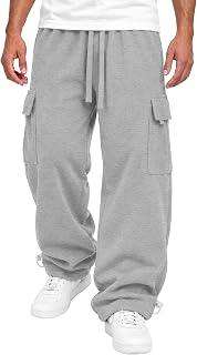 Mens Heavyweight Fleece Cargo Sweatpants - Baggy Fit Thick Cotton-Blend Fleece Cargo Pants with Adjustable Ankle Drawstring