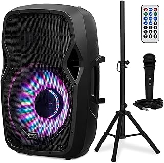 Acoustic Audio by Goldwood 1000W Bluetooth PA Speaker with LED, Mic & Stand | Large Plug-In Powered PA System with Remote & Flashing LED Party Lights for Karaoke, DJ or Tailgate Party