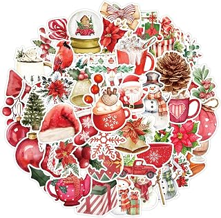 50 Pack Cute Christmas Stickers Waterproof Vinyl Stickers for Holiday Parties, Scrapbooking, Christmas Party, Favourite Christmas Decoration - Tear Resistant - Pattern 7