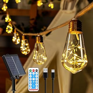 Ollny Solar Lights Outdoor Garden 6m Hemp Rope Festoon Light Remote USB | Fairy String with 16 S17 Shatterproof Bulbs 160 LEDs 8 Modes, Waterproof Lighting for Outside Gazebo Patio Party Decor