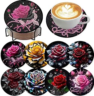 Mrnsiet 8PCS Diamond Art Coasters with Holder, DIY Flowers Diamond Painting Coasters Kits for Adults, Non Slip Rose Florwers Mosaic Dot Painting Coaster Gift Set for Beginners 4x4 Inch