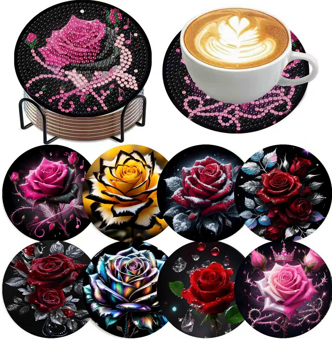 Mrnsiet 8PCS Diamond Art Coasters with Holder, DIY Flowers Diamond Painting Coas
