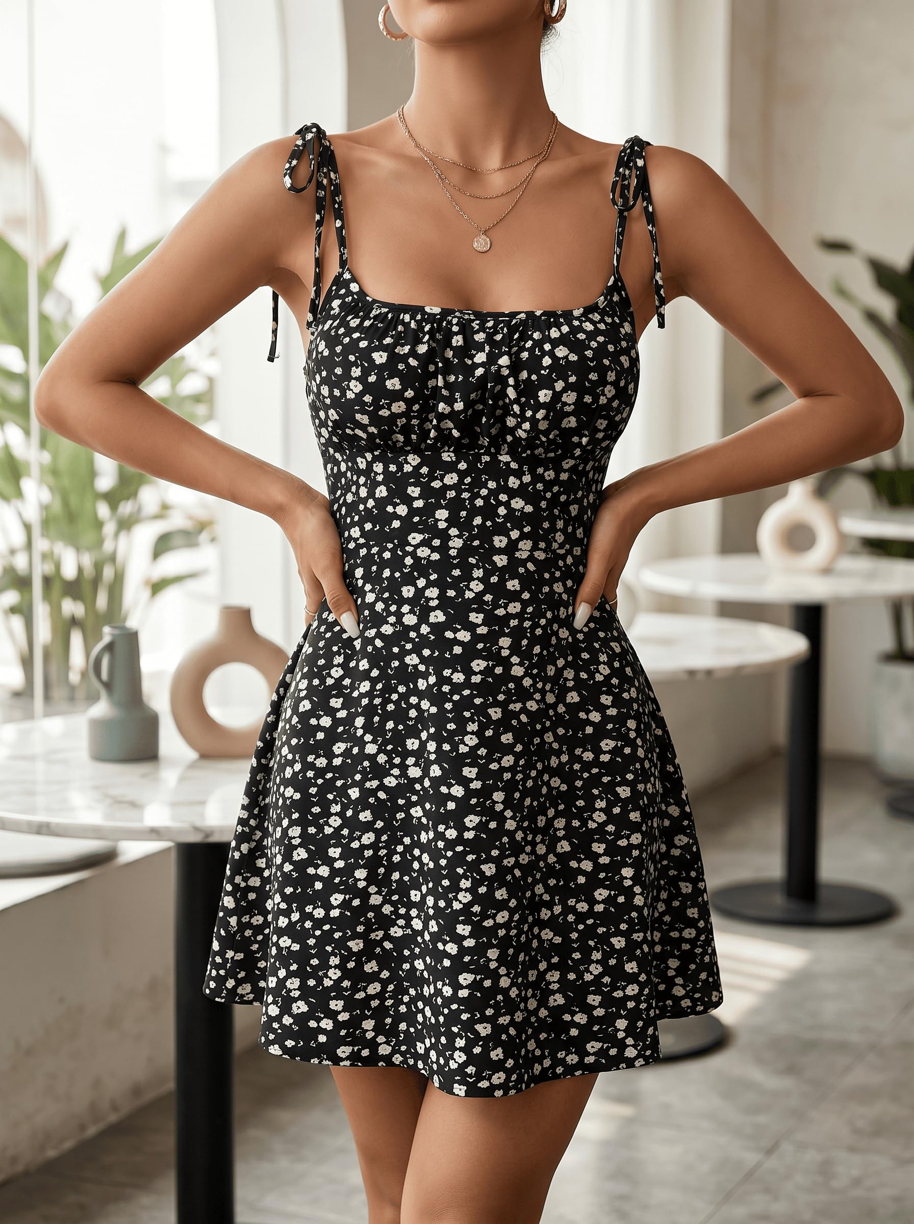 Women Floral Print Spaghetti Straps A-Line Flared Casual Beach Party Mini Dress