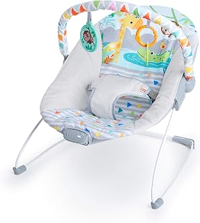 Bright Starts Baby Bouncer Soothing Vibrations Infant Seat - Removable -Toy Bar, Nonslip Feet, 0-6 Months Up to 20 lbs (Safari Fun)