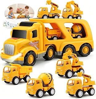 Nicmore Construction Truck Toys for Toddler: 5-in-1 Set with Siren Lights | Solve Age 3-5 Gift Anxiety - 14" Big Carrier & 4 Mini Construction Cars - Great for Little Boys Daily Repeat Play