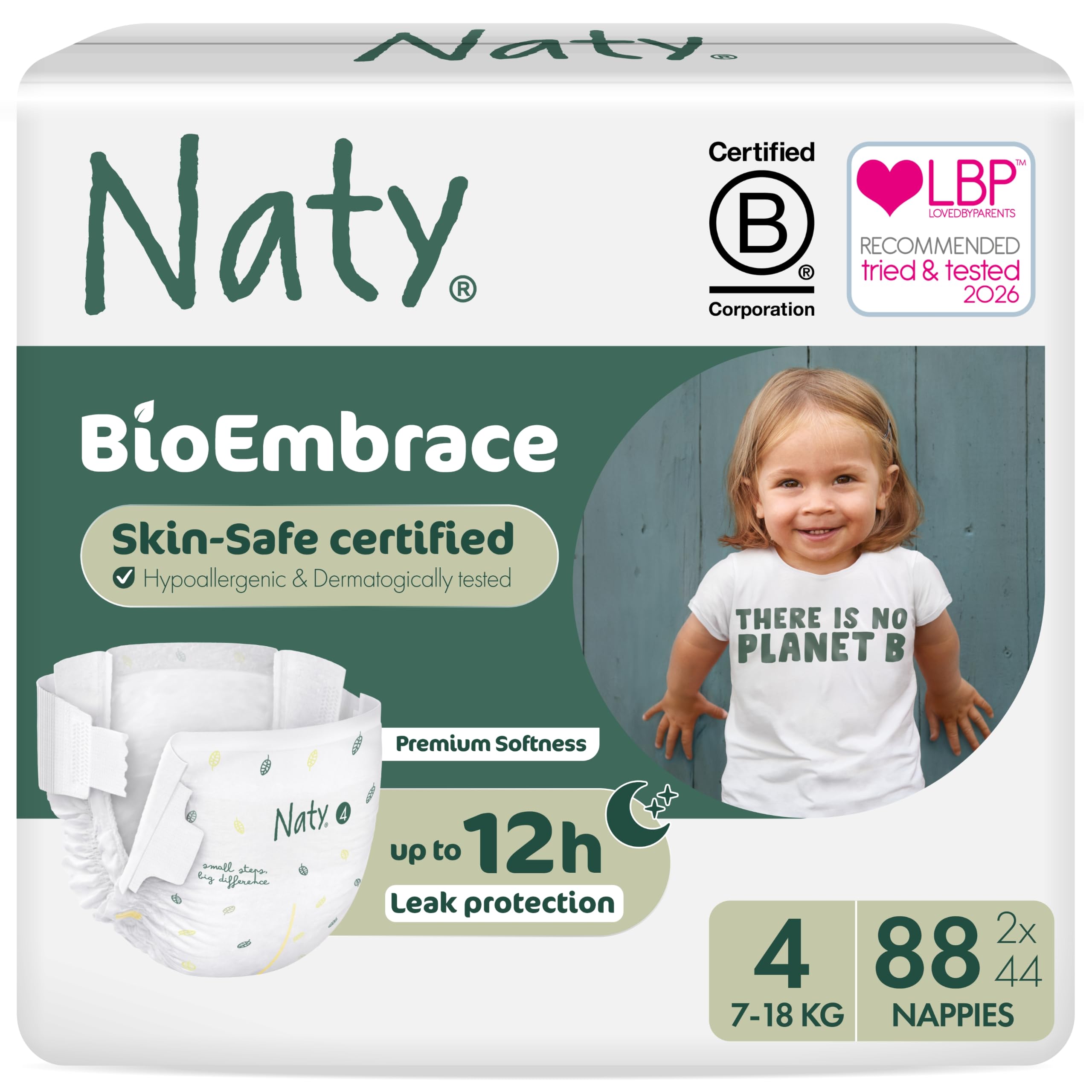 Naty BioEmbrace Baby Nappies, Sensitive Skin, Size 4 (7-18kg), 88 Count